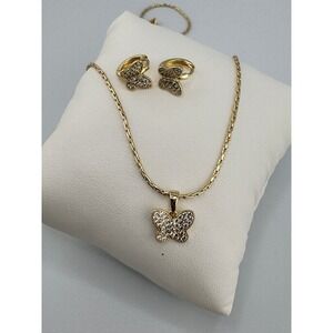14k Gold Plated Butterfly Crystal Necklace and Huggie Earring Jewelry Set